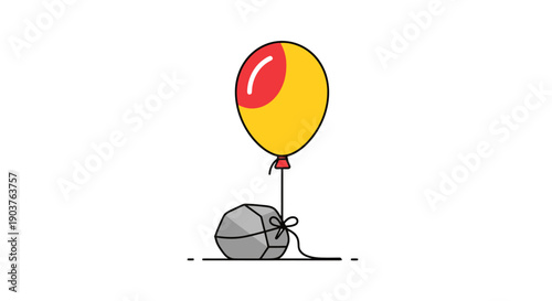 Yellow Red Balloon Tied To Stone Contrasting Concepts Ideas Floating Tied Down Symbolism Opposition Metaphor Abstract Design Element