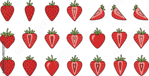 Cute Flat Strawberry Vector Icon Set with Whole and Sliced Berries for Fresh Fruit Illustrations, Food Packaging, and Healthy Design Use.