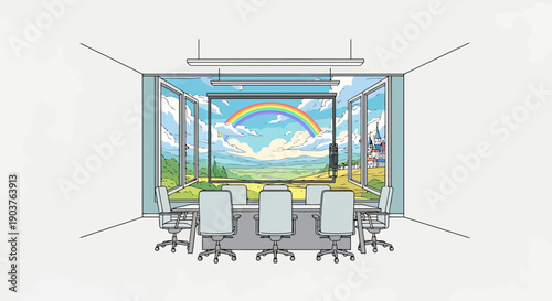 Modern Conference Room With Panoramic Windows Displaying A Vibrant Landscape Vision Of Hope And Success