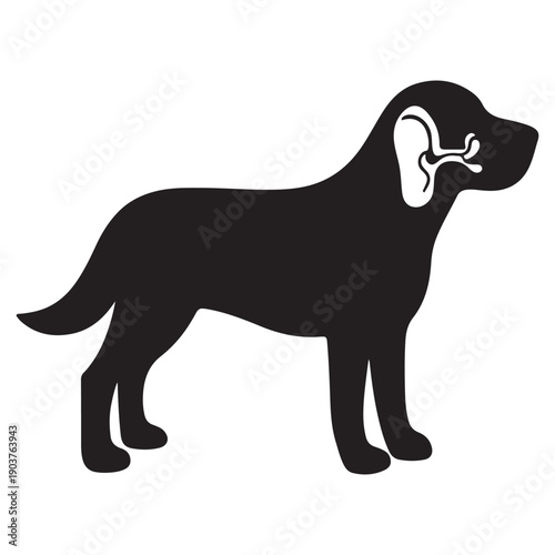 Black dog silhouette with detailed ear anatomy illustration, representing hearing or veterinary care.