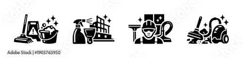 Cleaning service icons with worker and tools, flat vector illustration