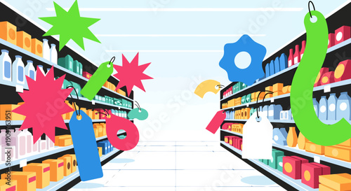 Retail aisles filled with merchandise and colorful sale tags creating a vibrant shopping atmosphere with promotional offers