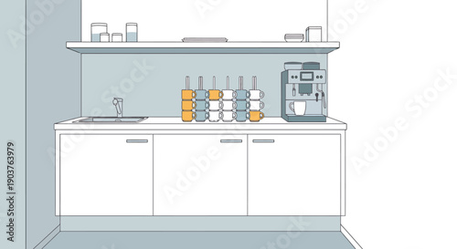 Modern Kitchenette Counter with Sink Coffee Machine and Cup Display Standing Storage for Office Break Room or Small Home Space
