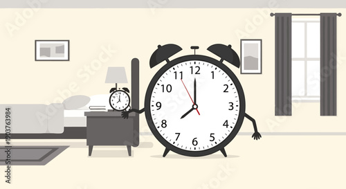 Large Anthropomorphic Alarm Clock Character Stands Next To Smaller Alarm Clock On Nightstand In Bedroom Setting