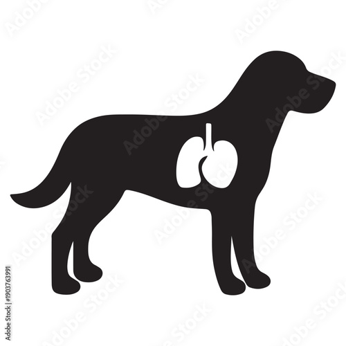 Black silhouette of a dog with lungs highlighted inside, representing animal health.