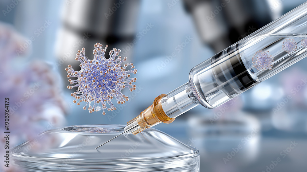 custom made wallpaper toronto digitalTargeted personalized medicine injection on cancer cell model in lab, immunotherapy CAR T-cell treatment innovation, precision oncology therapy visualization, with copy space