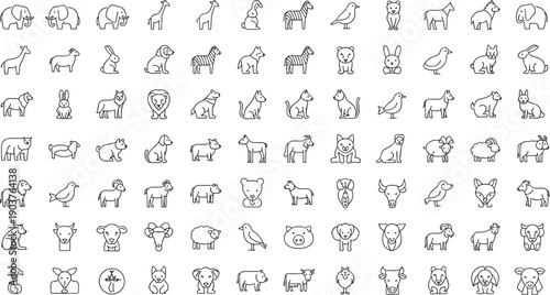 Big set of cute animal line art icons, wild zoo creatures and domestic farm pets, outline vector illustration collection isolated on white background