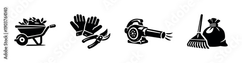 Garden tools set: wheelbarrow, gloves, blower, rake - flat vector illustration