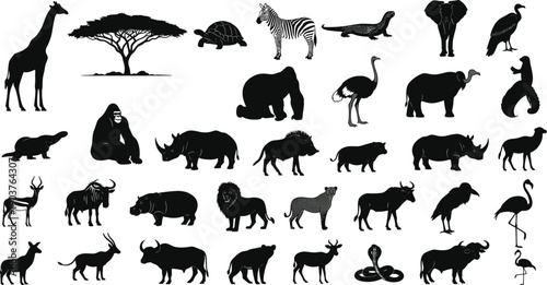 Big set of African safari animal silhouettes, wild zoo creatures and savanna tree, black vector illustration collection isolated on white background, wildlife