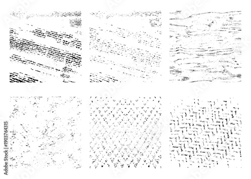 Grunge textures set. Set of different distressed black grain texture. Distress overlay vector textures.