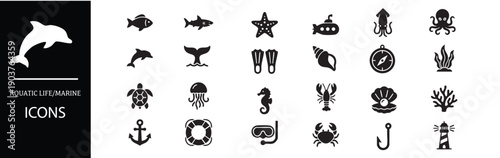 Collection of modern aquatic life and marine icons in black