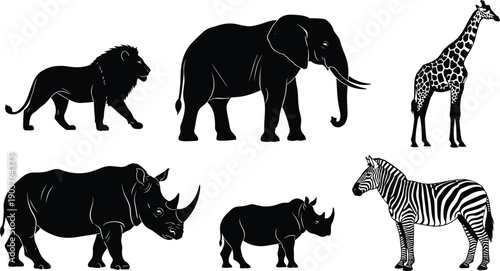 African safari animal silhouette set, black lion, elephant, giraffe, rhino, zebra vector collection, isolated wild zoo nature icons for savanna design, art.