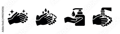 Hand washing icons set with soap and water, flat vector illustration