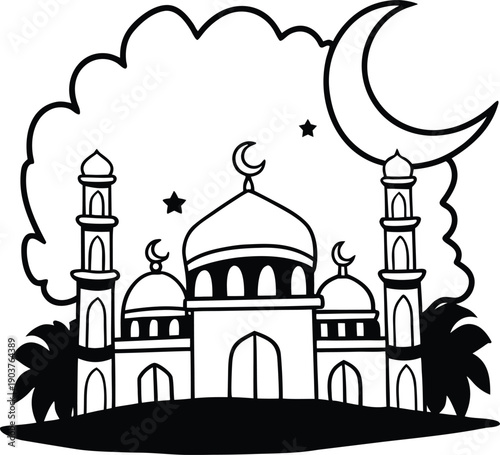 Ramadan Kareem mosque coloring page with crescent moon and stars, Islamic line art illustration for kids.