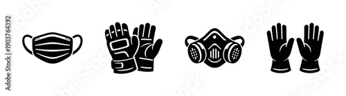 Protective gear icons: masks, gloves, respirator - flat vector illustration