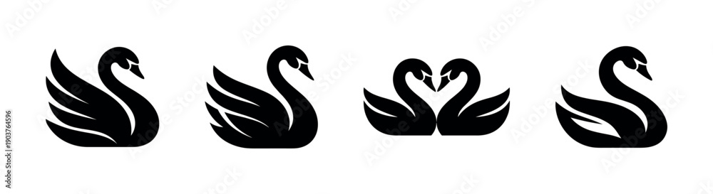 Fototapeta premium Swan silhouettes in various poses, flat vector illustration