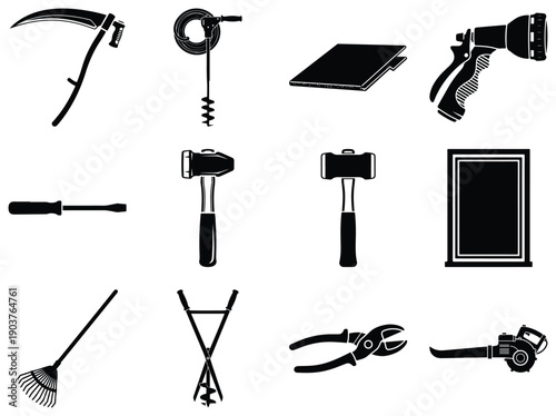 Assorted Tools and Garden Equipment scythe auger soil auger