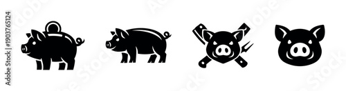 Pig silhouettes and icons set, flat vector illustration