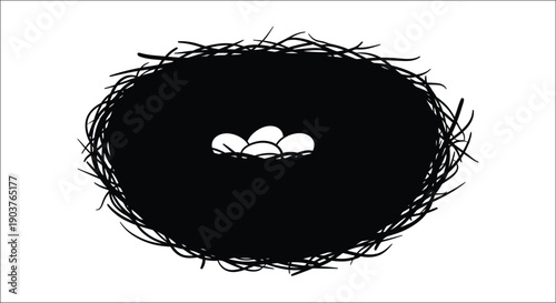A bird s nest with eggs depicted in a striking black silhouette