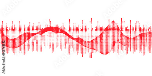 Digital illustration of a red heart beat wave on a dark background featuring a blue electronic frequency graph and audio equalizer bars for a modern technology design