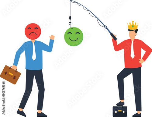 Business motivation corporate incentive employee reward leadership strategy dangling carrot job satisfaction flat design unhappy worker boss king fishing rod happy face