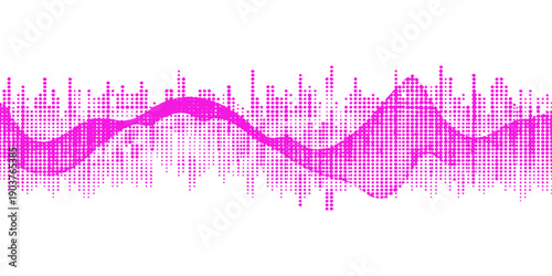 A vibrant digital illustration featuring a rhythmic sound wave pulse and electronic equalizer frequency spectrum glowing with light on a red background for modern audio technology design