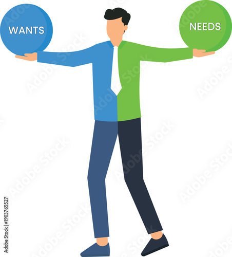 Businessman balancing wants needs, financial decision making, consumer choice concept, prioritization strategy, flat graphic design, economic psychology, business strategy, essential requirement
