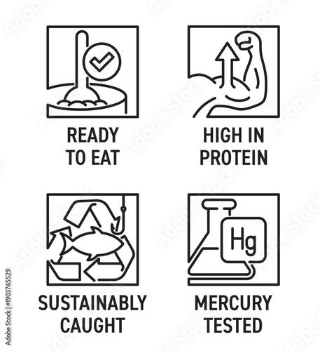 Fish can icons set, in thin line style and square shape