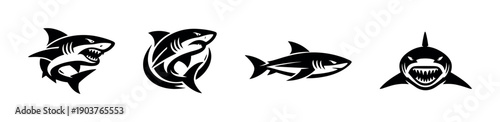 Sharks in various poses and angles, flat vector illustration