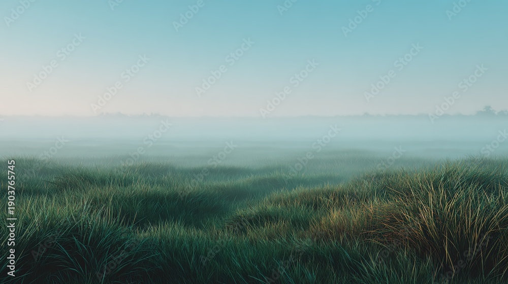 Fototapeta premium Mystical Meadow Morning: A serene landscape reveals a grassy expanse enveloped in a soft, ethereal mist, creating a sense of tranquility and the beauty of nature.