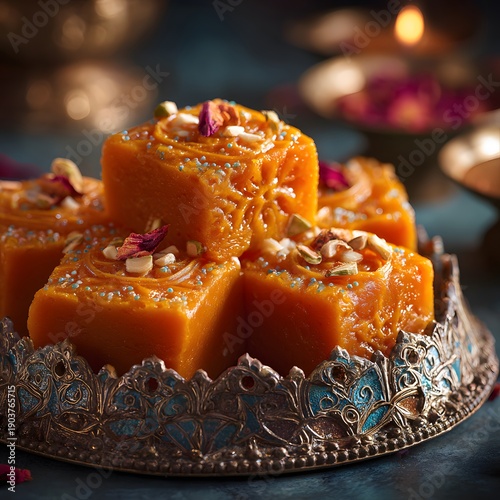Rich velvety Mithai quintessential Gujarati sweet delicacy rise majestically like golden sunrise sweetness gradually unfolding majestic flavor delicate intricately crafted edible art within silky