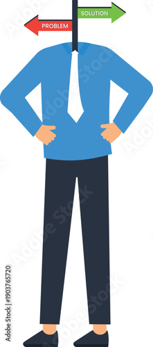 Businessman figure business decision problem solution direction choice corporate strategy dilemma concept signpost head red arrow green arrow flat design career path