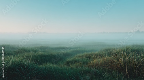 Mystical Meadow Morning: A serene landscape reveals a grassy expanse enveloped in a soft, ethereal mist, creating a sense of tranquility and the beauty of nature.