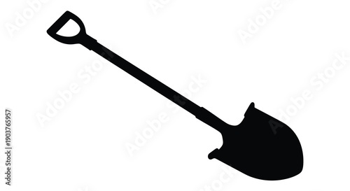 A black silhouette of a gardening shovel against a white background silhouette
