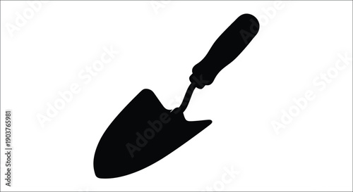 Black silhouette of a gardening trowel against a white background silhouette