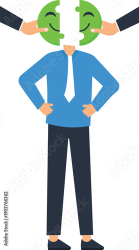 Businessman emotional masking concept, forced smile facade, corporate identity pressure, hidden feelings puzzle, customer service persona