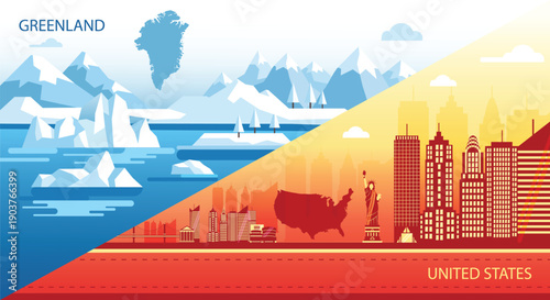 Greenland and United States Comparison Illustration with Arctic Landscape and City Skyline
