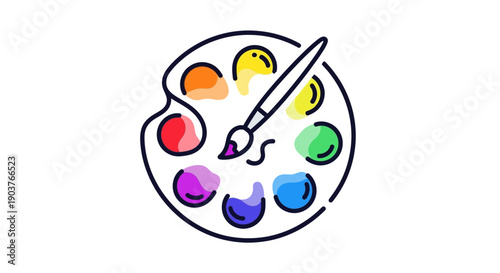 Vibrant artist's palette with colorful paints and a brush showcasing creativity and artistic