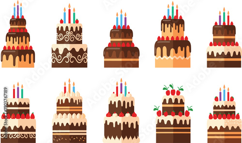 Layered Birthday Cake Vector Illustration Set with Candles, Chocolate Drips, and Fruit Toppings for Bakery Branding, Party Designs, and Celebration Graphics