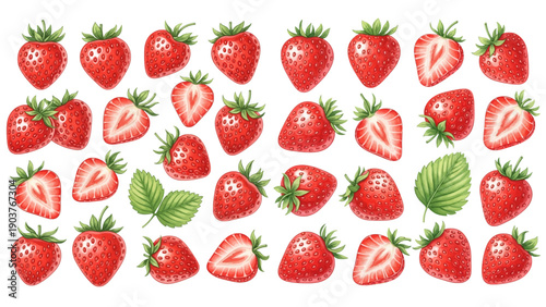 A collection of illustrated ripe red strawberries, some whole and some sliced in half, with green leaves.