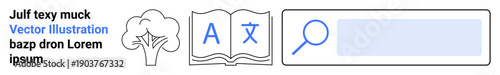 Language learning, translation services, online research, educational content, sustainability, information access. Minimalist icons a tree, an open book and a magnifying glass. Language learning