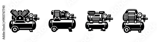 Air compressors in row, black and white, flat vector illustration