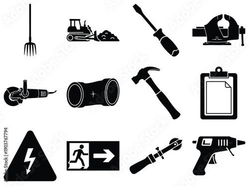 Collection of black construction and repair tool on white