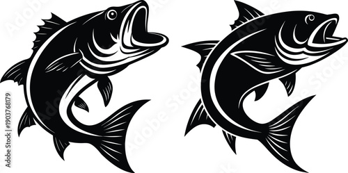 Two Black and White Leaping Game Fish Vector Illustration