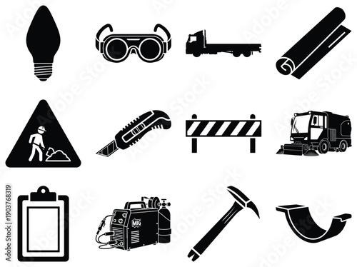 Construction Site and Safety Equipment Icons light bulb
