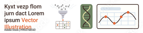 Data science, genetic research, analytics, scientific visualization, machine learning, biotechnology. Funnel processing data, DNA helix and chart. Data science and genetic research concept