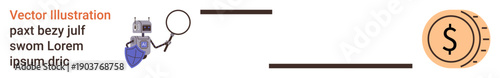 Financial analysis, fraud prevention, security measures, monetary research, safety protocols, surveillance. Magnifying glass, security camera dollar coin. Financial analysis and fraud prevention