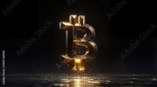 Bright spotlight illuminates textured gold Bitcoin medal against dark backdrop