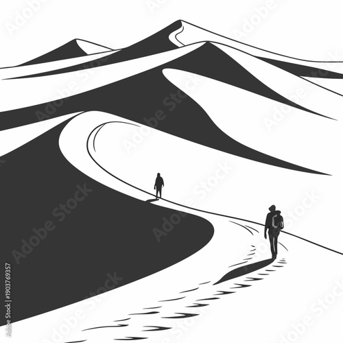 Two hikers journey through a vast, windswept desert landscape under a clear sky.
