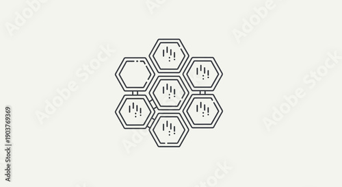 Modular hexagonal network with data icons and an empty slot symbolizing system completeness